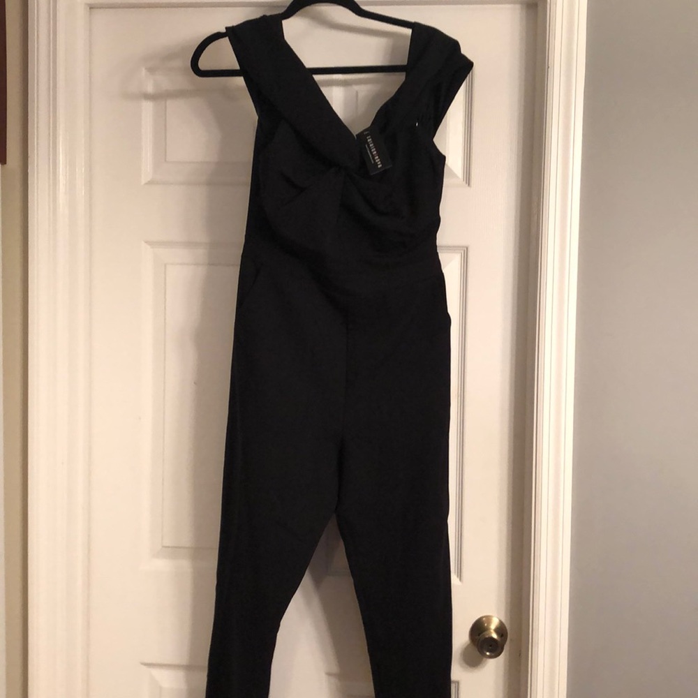 Black off shoulder front knot jumpsuit